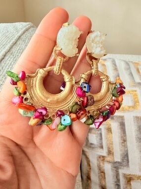Gold Hoop Earrings with Multicolor Shell Chips Boho Style New